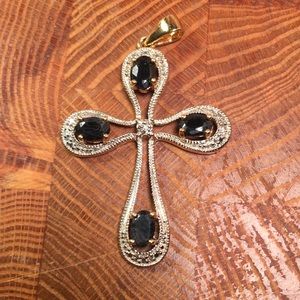 DBJ silver, sapphire, and diamond cross pendant